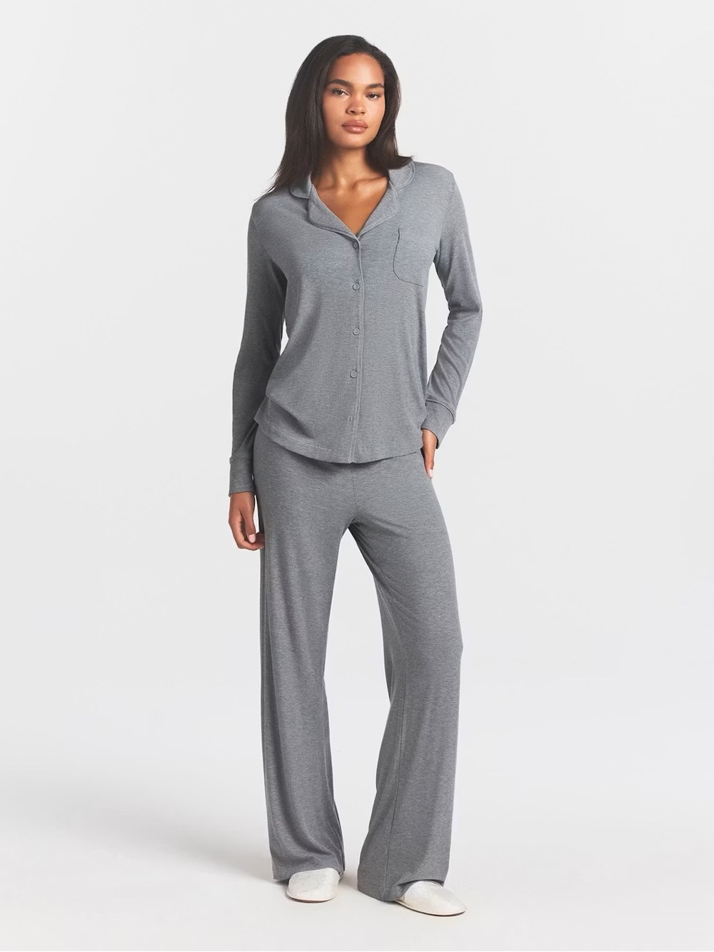 SKIMS Heather Grey Long-Sleeve Button Pajama Set